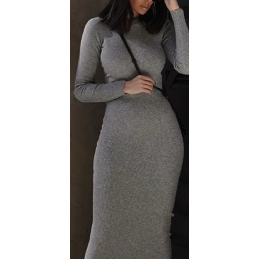 Naked Wardrobe Bodycon Maxi Dress Gray Ribbed Medium